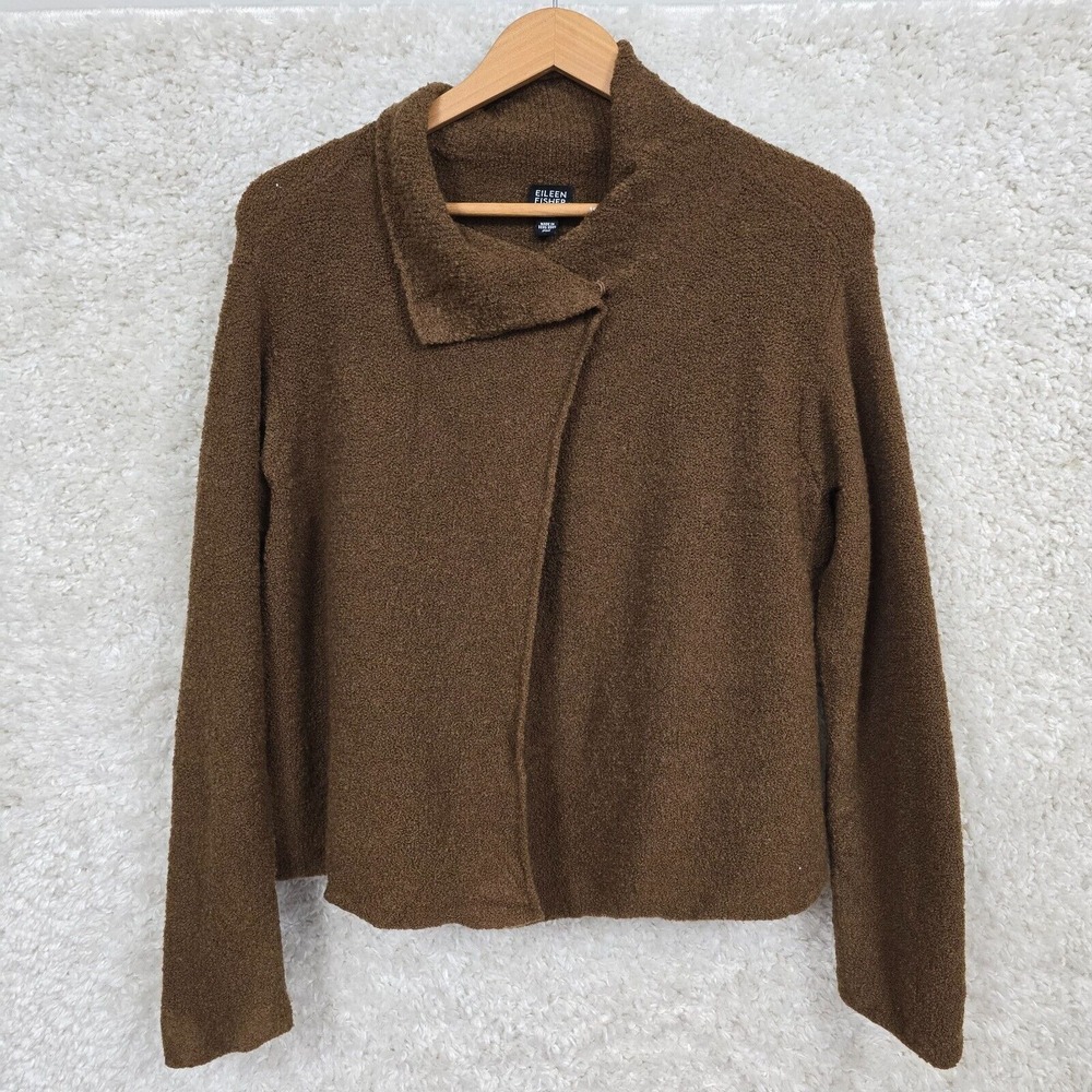 Eileen Fisher Bouclé Wool Wrap Sweater Womens PM Brown Asymmetrical Minimalist